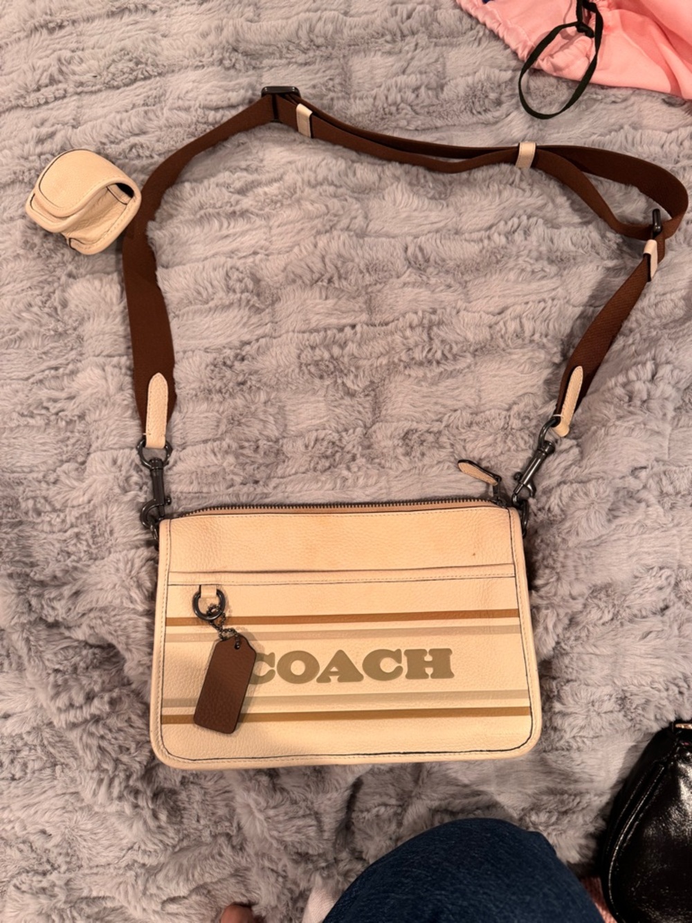 Coach Cream and Brown Logo Stripe Crossbody Bag